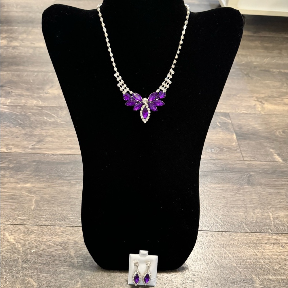 Crystal and Purple Stone Necklace and Earring Set